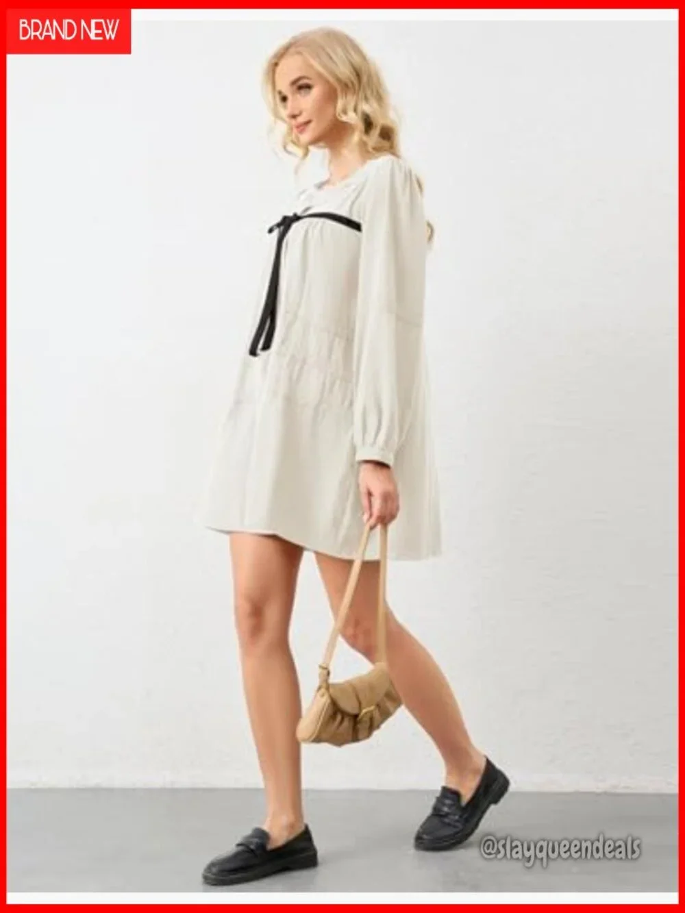 Flowy Long Puff Sleeve Mini Dress Square Neck Lace Babydoll A-line Tunic - Picture 5 of 7